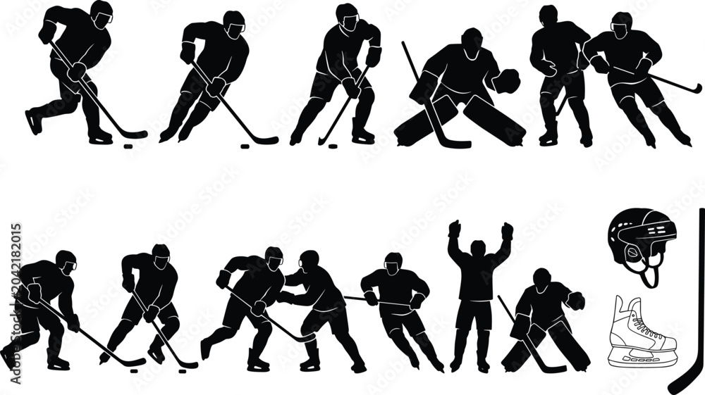 Αυτοκόλλητο Ice hockey players black silhouettes collection featuring forward skating, goali