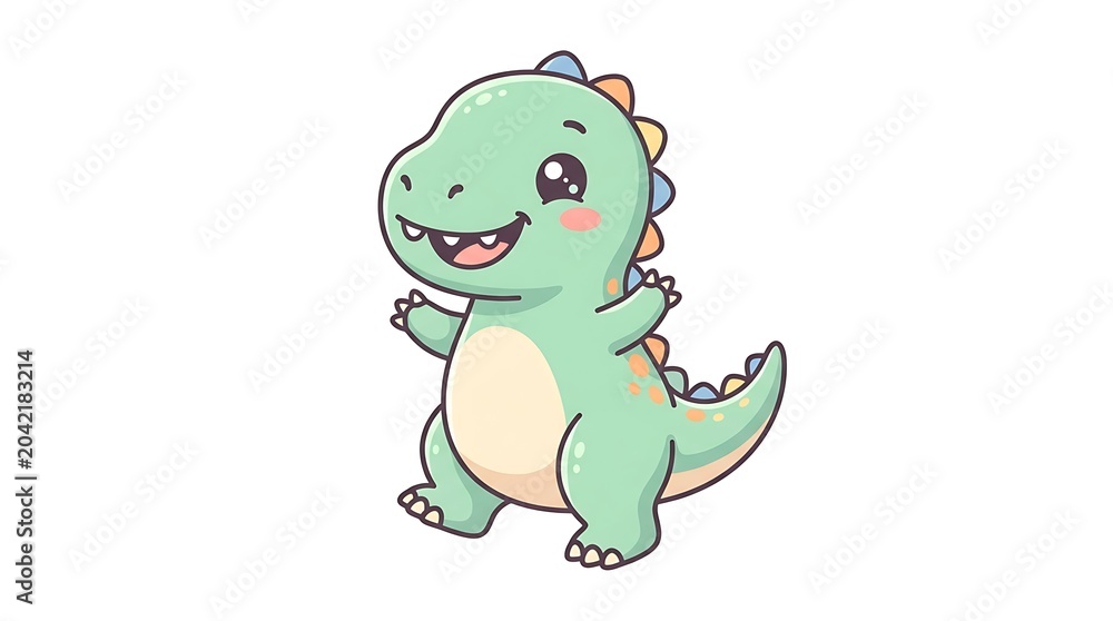 Obraz premium Adorable Green Baby Dinosaur Cartoon Character Smiling Happily.