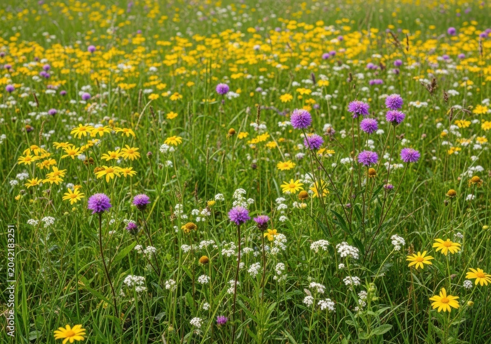 Obraz premium Beautiful meadow with colorful wild flowers and green grass blooming in a sunny spring season field landscape