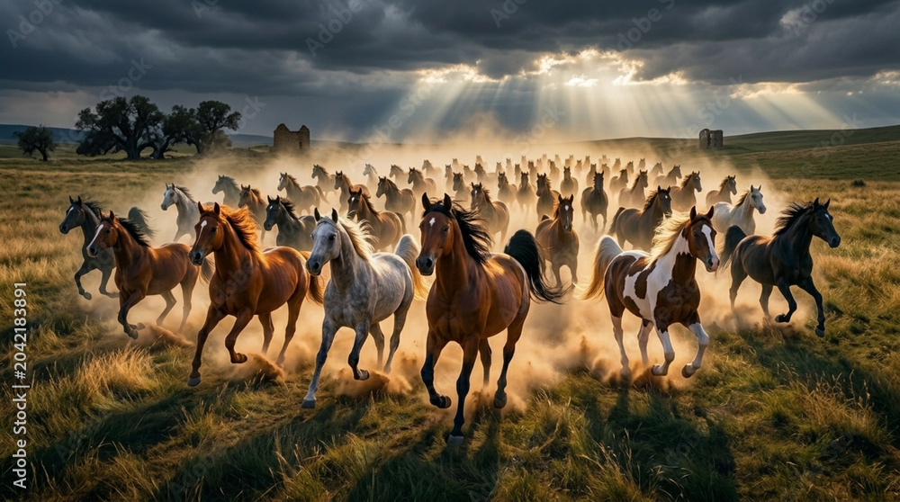 Obraz premium A large herd of horses running through a field with a stormy sky