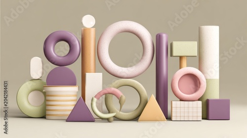 Assortment of three dimensional geometric shapes stacked in a  composition