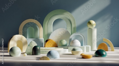 Collection of pastel colored geometric shapes arranged in a modern still life composition