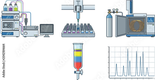 Fotografi Laboratory Chromatography Equipment Vector Illustration Set with HPLC System, Co