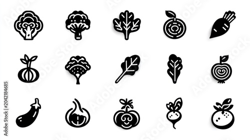 Collection of stylized black and white graphic icons representing various edible plants