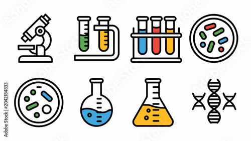 Line art laboratory equipment icon sheet – Suitable for medical equipment catalogs, science posters, or academic slide decks.