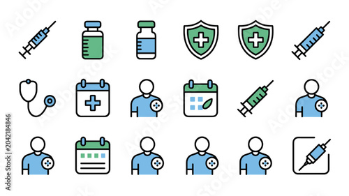 Preventive healthcare vaccine icon collection – Ideal for hospital brochures, immunization tracking tools, or health blogs.