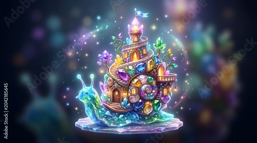 3D crystal snail house icon, gemstone spiral shell dwelling, whimsical fantasy architecture, isolated