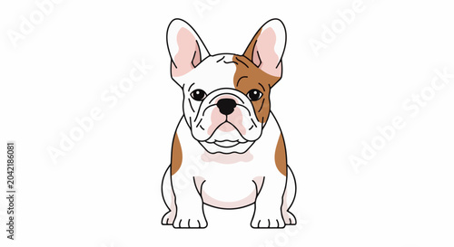 A cute french bulldog with brown and white patches sits looking forward
