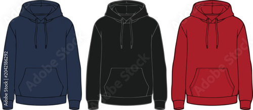 Hoodie Mockup Set Front View Sweatshirt Template in Blue Black and Red Colors .
