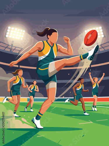 Professional women playing Australian rules football in stadium