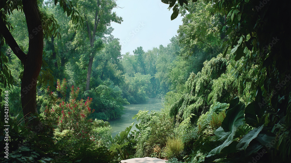 Fototapeta premium Lush green forest canopy looking out over a calm river with landscape wilderness outdoors
