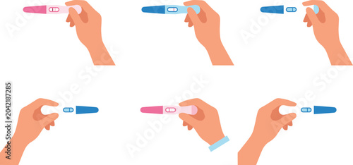 Hand holding pregnancy test stick set showing positive and negative results with lines flat vector illustration