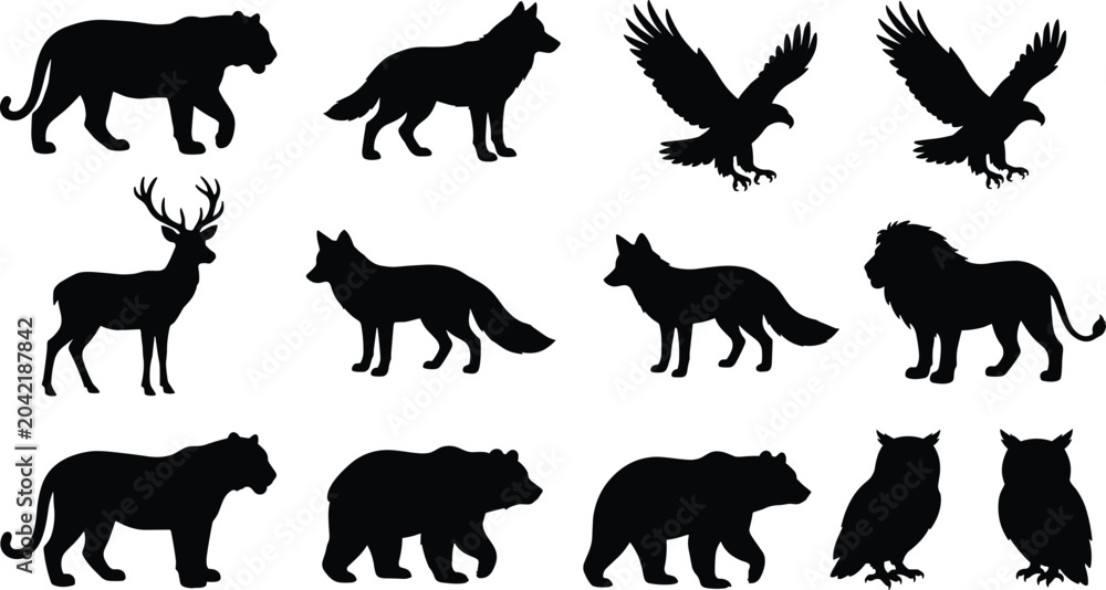 Obraz premium Black silhouette animals set deer elk moose ram goat bear wolf fox
