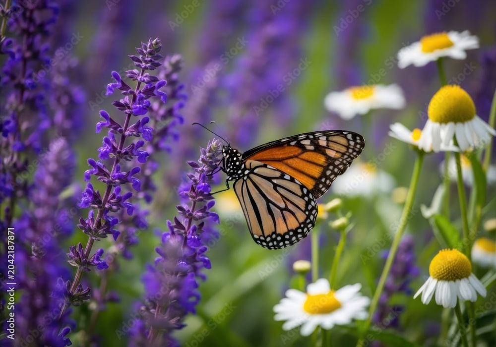 Obraz premium Beautiful monarch butterfly sitting on a purple lavender flower in a sunny summer garden with white daisies