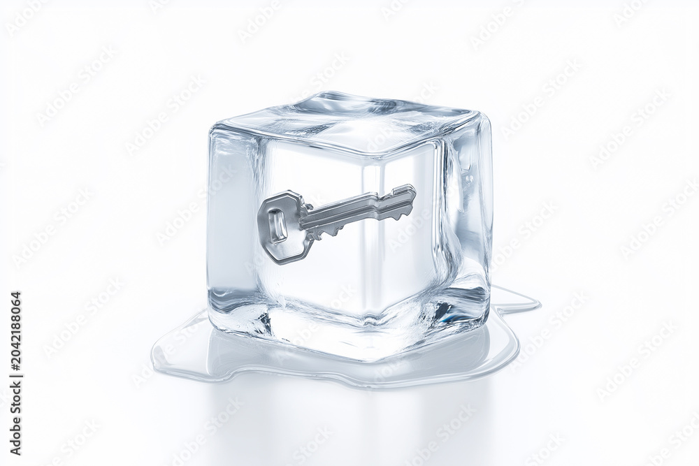 Fototapeta premium Silver Key Frozen Inside Clear Ice Cube on White Background_KT161