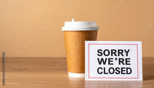 A takeaway coffee cup stands next to a Sorry We're Closed sign on a wooden table.