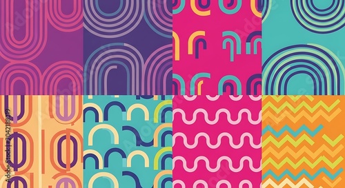 Set of colorful geometric seamless patterns with arches, waves and zigzags