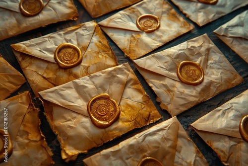 Vintage envelopes sealed with wax arranged on table. AI-generated.