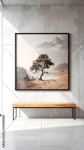 A serene landscape photograph of a tree displayed on a wall with a bench.