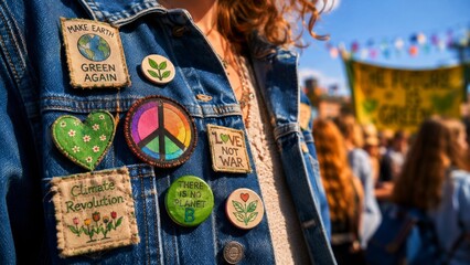 A person wears a denim jacket adorned with eco-friendly patches, promoting messages of climate awareness and peace at a vibrant outdoor event.