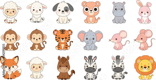 Photography Cute Baby Animal Vector Set with Kawaii Cartoon Characters including Lion Tiger