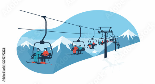 Ski resort scene with people riding chairlifts up snowy mountains