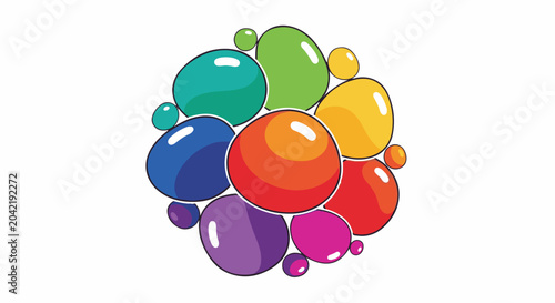 A cluster of colorful, glossy, egg-shaped blobs arranged in a circular pattern