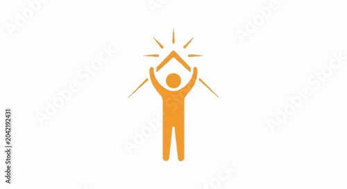 Orange silhouette of a person with arms raised holding a roof shape above their head, sunburst rays extending outwards