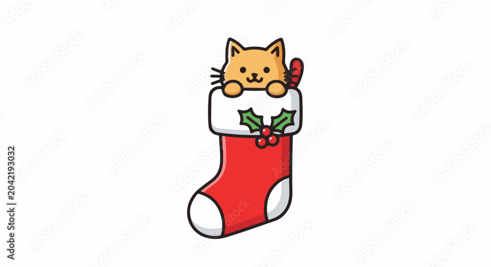 Obraz premium Adorable cat peeking from a festive red Christmas stocking with holly