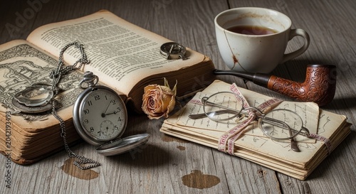 Vintage flat lay with old book pocket watch pipe.