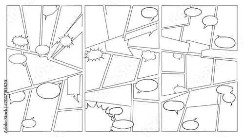 Blank comic book page template with a variety of panel layouts, dynamic action lines, and speech bubbles for manga or graphic novel storytelling.