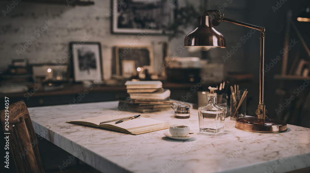 Obraz premium An inviting workspace featuring a marble table adorned with books, a stylish lamp, stationery, and a cup of coffee. Perfect for creative professionals seeking inspiration.