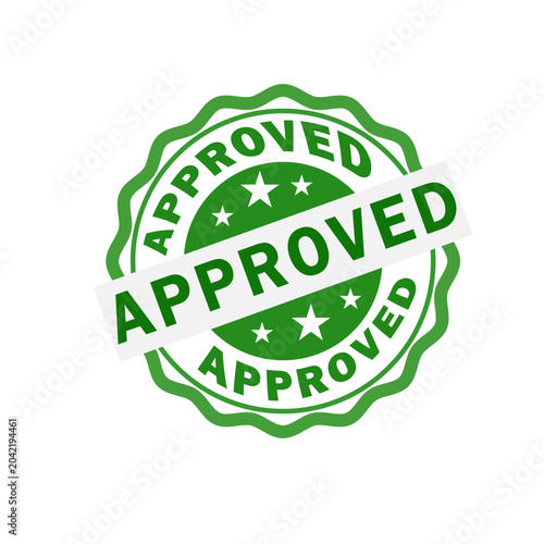 Green approved stamp with stars and white banner on a transparent background seal. Resizable and Editable. EPS, 10.