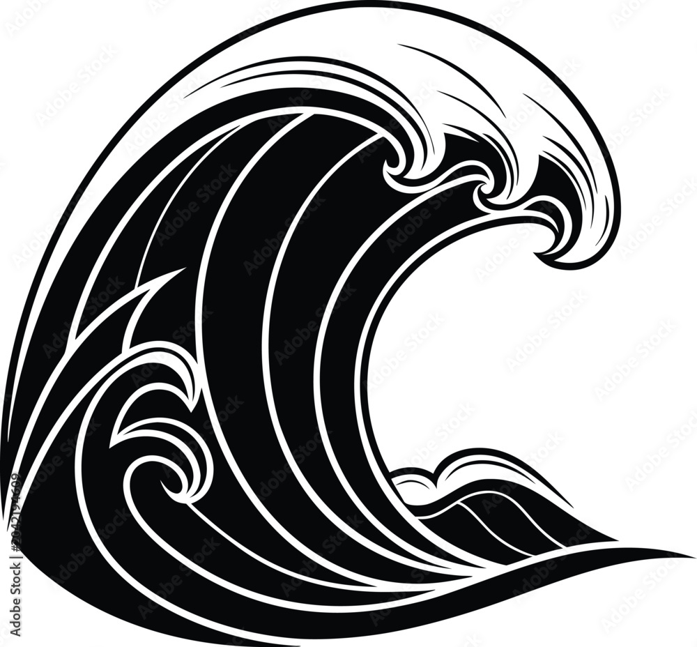 Obraz premium Ocean Wave Silhouette Vector Illustration, Surfing Sea Wave Silhouette