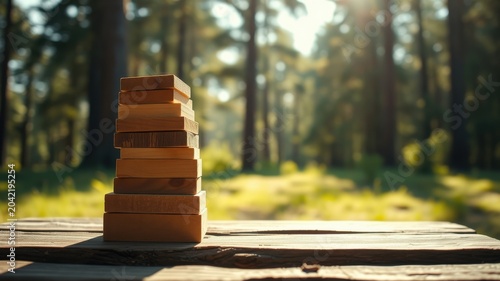 Stack of Wooden Blocks in a Sunny Forest Setting