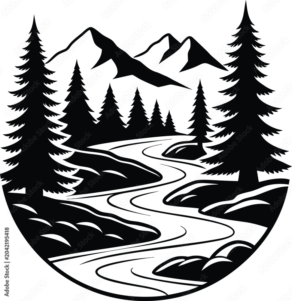 Fototapeta premium Mountain River Landscape Silhouette Vector Illustration, Forest Valley Nature Silhouette