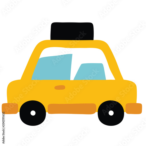 A cute hand drawn yellow taxi car illustration isolated on white.