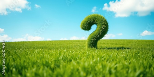 A verdant question mark sprouts amidst a field of vibrant green grass under a bright, sunny sky.