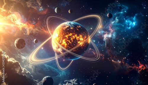 Cosmic Symphony - A Vibrant Planet Amidst Nebulae and Celestial Bodies.