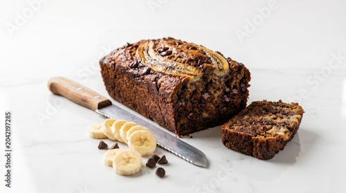 Homemade banana bread with chocolate chips, sliced moist loaf on white marble, rustic sweet dessert bread with fresh fruit and knife
