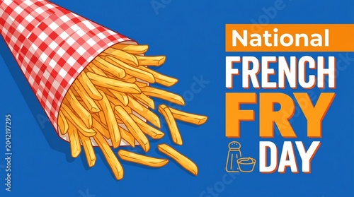 National French Fry Day banner, crispy golden potato fries in red checkered paper cone, fast food promotion on blue background