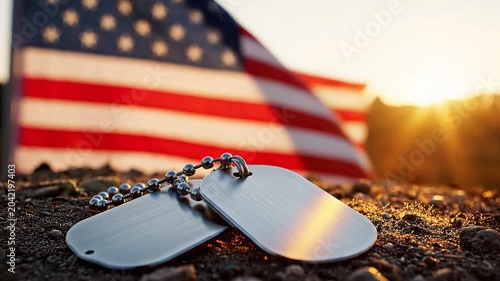 Military dog tags on the ground with a blurred American flag with sunset in the background, representating Independence Day, Memorial Day, Veteran's Day, 4th of July, or other patriotic USA holiday.