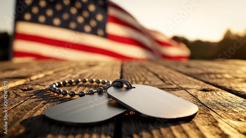Military dog tags on a rustic wooden table with a blurred American flag in the background, representating Independence Day, Memorial Day, Veteran's Day, 4th of July, or other patriotic USA holiday.	