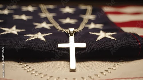 A silver cross pendant resting on a folded American flag, representating Memorial Day, Veterans Day, or other patriotic USA holiday.