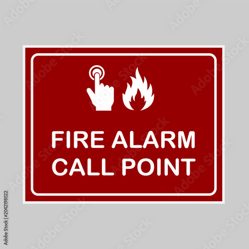 Fire alarm call point sign with hand and flame icons on red background. Resizable and Editable. EPS, 10.