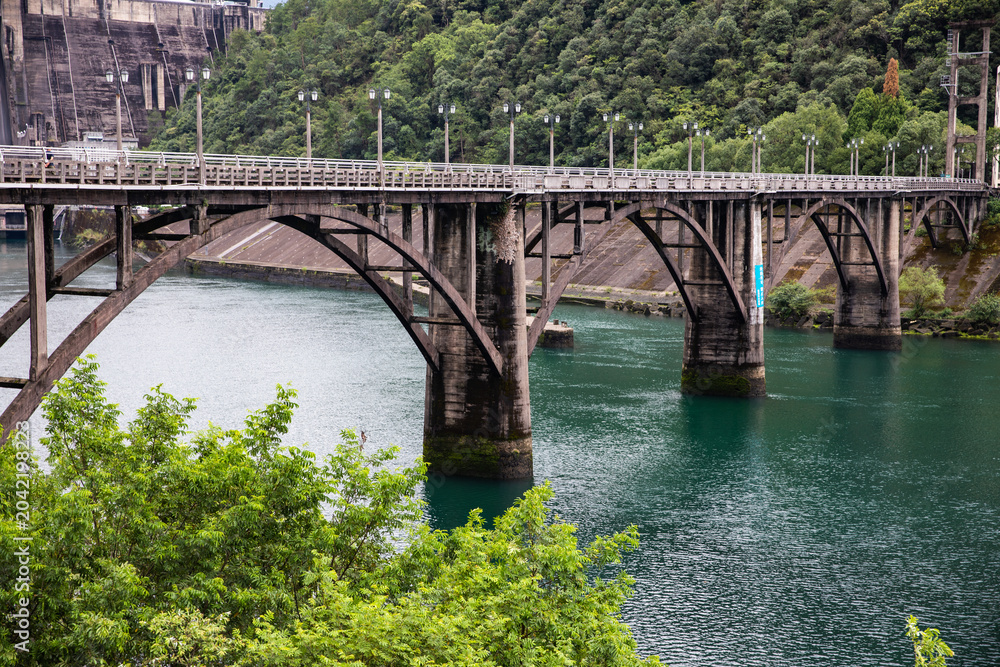 Fototapeta premium Arch Bridge at Hydropower Dam Over Green Reservoir