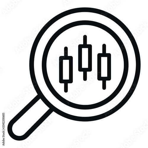 Magnifying glass over stock market candlestick chart, representing financial analysis and investment research with focus on trading trends and data exploration