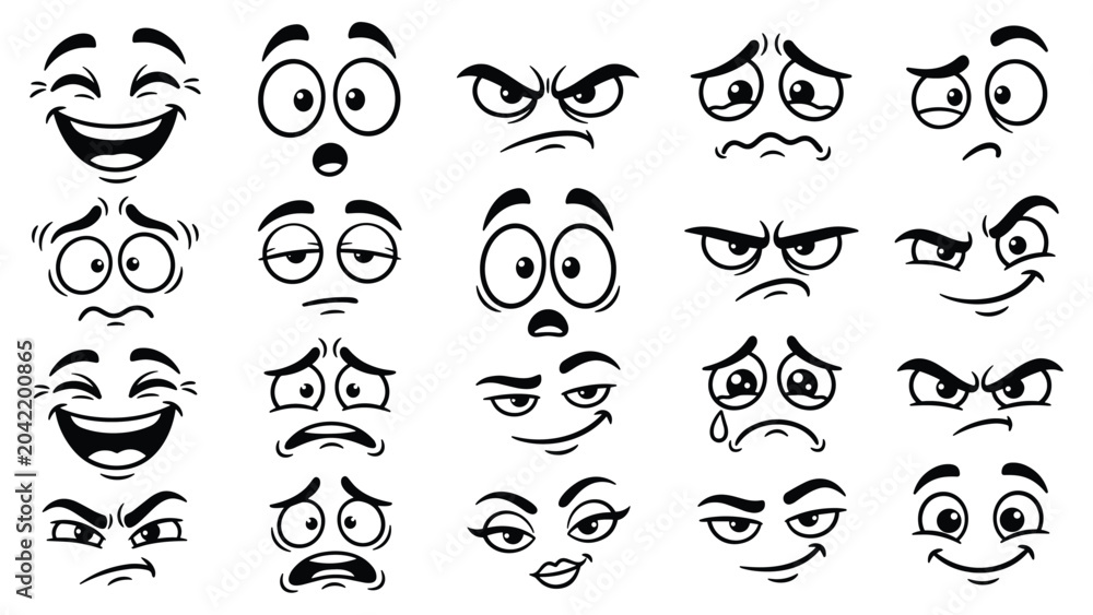 Αυτοκόλλητο Cartoon face grid 16 emotive line art vector illustration for avatar ui icon set