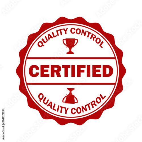 Red Certified Quality Control Stamp with Trophy and Seal Symbols award badge icon. Resizable and Editable. EPS, 10.