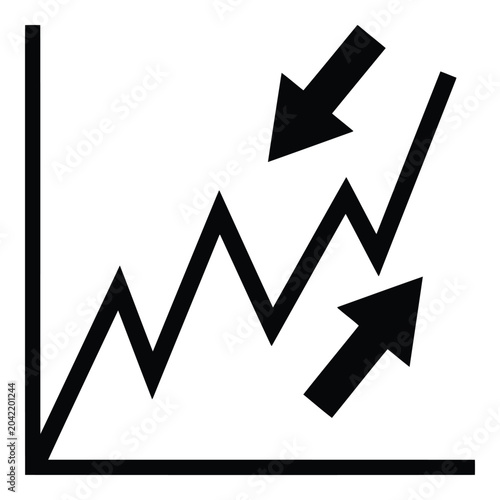 Upward and downward trend arrows on a black and white graph, illustrating financial data and market fluctuations with economic performance indicators